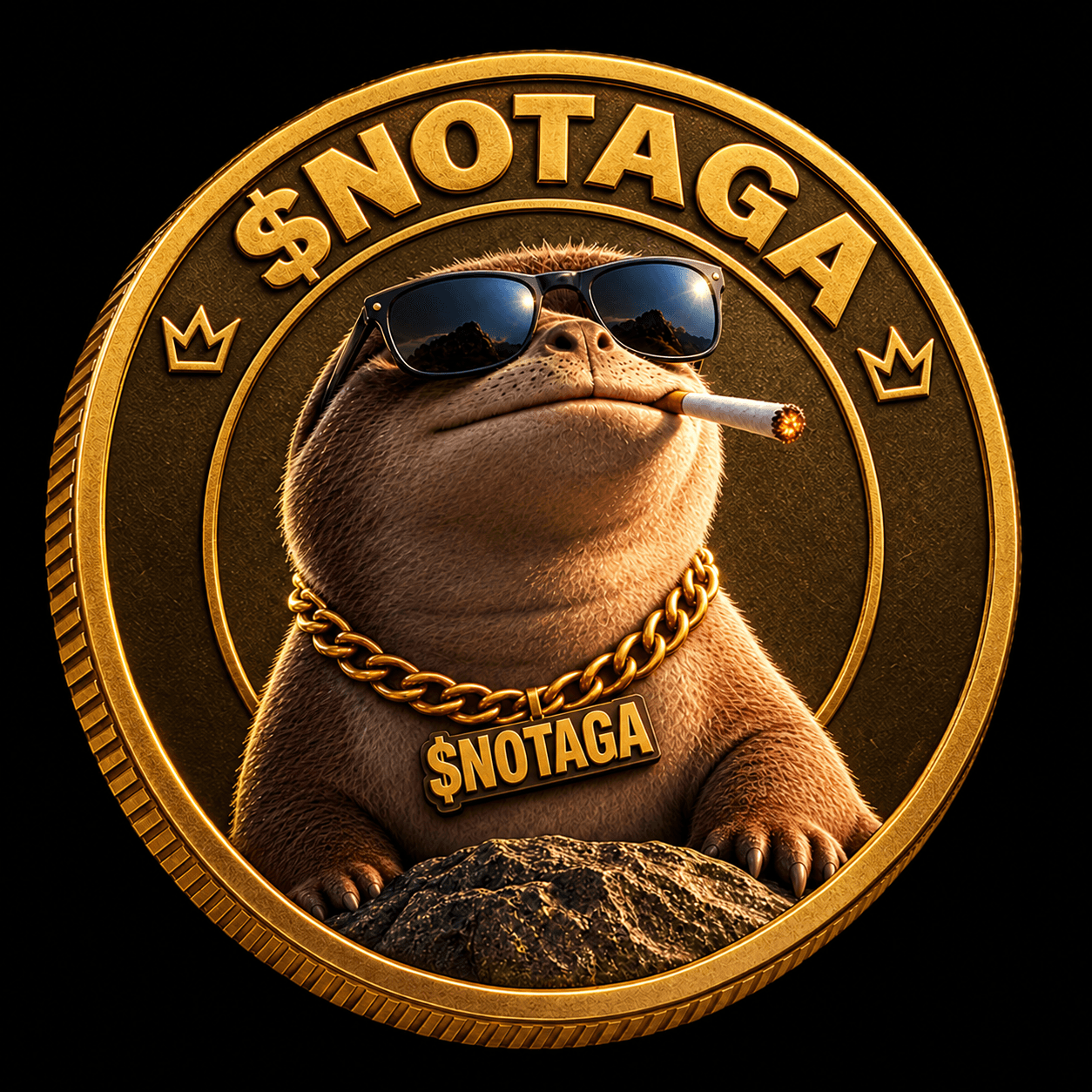The NOTAGA coin: a smug otter in black sunglasses with a cigarette, a thick gold chain and a $NOTAGA pendant.